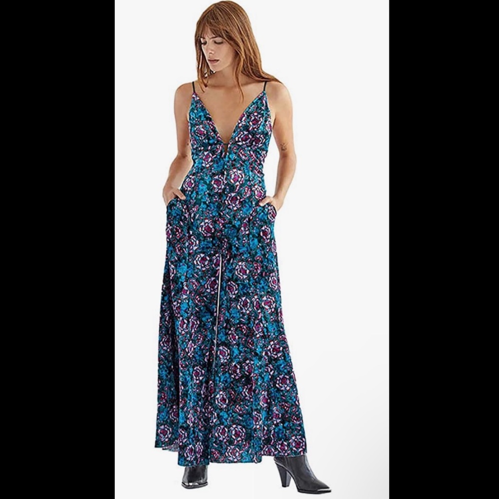 Free People Volcano Wide Leg Velvet Jumpsuit in Deep Emerald Combo NWOT